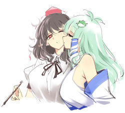Rule 34 | 2girls, ahoge, bare shoulders, black bow, black bowtie, blouse, blush, bow, bowtie, breasts, closed eyes, closed mouth, collared shirt, detached sleeves, eyes visible through hair, frog hair ornament, green hair, grey hair, hair between eyes, hair ornament, hair tubes, hand up, hat, kiss, kissing cheek, kochiya sanae, long hair, long sleeves, looking at another, medium breasts, multiple girls, one eye closed, open mouth, pen, pom pom (clothes), puffy short sleeves, puffy sleeves, raptor7, red eyes, red headwear, shameimaru aya, shirt, short hair, short sleeves, simple background, snake hair ornament, tokin hat, touhou, upper body, white background, white shirt, wide sleeves, yuri