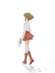 Rule 34 | 1girl, boots, brown footwear, closed mouth, from side, full body, green hair, holding, jacket, kantai collection, knee boots, profile, short hair, simple background, skirt, solo, sowamame, standing, takanami (kancolle), takanami kai ni (kancolle), thighhighs, walking, white background, white jacket