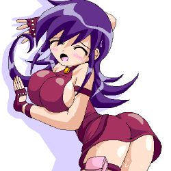 Rule 34 | 1girl, against wall, alternate breast size, artist request, ass, bare shoulders, belt, blush, breasts, choker, closed eyes, covered erect nipples, curvy, dress, duel masters, fingerless gloves, gloves, jewelry, large breasts, long hair, lowres, moaning, open mouth, purple eyes, purple hair, sexually suggestive, solo, tagme, tasogare mimi