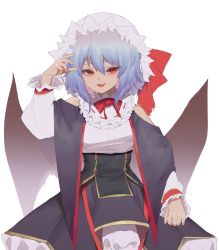 Rule 34 | 1girl, absurdres, alternate costume, bare shoulders, bat wings, blue hair, bobby36446329, bow, bowtie, breasts, clothing cutout, commentary request, cowboy shot, dress, frilled shirt collar, frills, gold trim, hair between eyes, hand up, hat, highres, long sleeves, looking at viewer, medium breasts, mob cap, parted lips, puffy sleeves, purple dress, red bow, red bowtie, red eyes, remilia scarlet, short hair, shoulder cutout, simple background, smile, solo, touhou, white background, white hat, wings