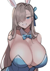 Rule 34 | 1girl, :d, absurdres, animal ears, asuna (blue archive), bare shoulders, blue archive, blue bow, blue bowtie, blue eyes, blush, bow, bowtie, breasts, brown hair, cleavage, detached collar, empty eyes, fake animal ears, grin, hair over one eye, highres, huge breasts, imuzi, leotard, long hair, mole, mole on breast, open mouth, parted lips, playboy bunny, rabbit ears, red leotard, simple background, smile, solo, strapless, strapless leotard, traditional bowtie, upper body, very long hair, white background