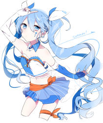 Rule 34 | 1girl, absurdres, arm up, asymmetrical gloves, blue eyes, blue gloves, blue hair, blue ribbon, blue skirt, breasts, choker, cleavage, cropped legs, elbow gloves, fingerless gloves, floating hair, gloves, hair between eyes, hair ribbon, hatsune miku, highres, index finger raised, leg ribbon, long hair, looking at viewer, midriff, miniskirt, navel, orange ribbon, ribbon, see-through, simple background, skirt, small breasts, solo, standing, stomach, strapless, thigh ribbon, twintails, tyazakura sayu, uneven gloves, very long hair, vocaloid, white background, white gloves, white ribbon