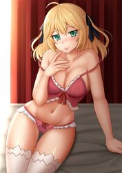 Rule 34 | 1girl, :p, ahoge, anisphia wynn palettia, arm support, backlighting, bare arms, bare shoulders, bed, black bow, blonde hair, blush, bow, bow panties, breasts, cameltoe, cleavage, closed mouth, collarbone, commentary, curtains, green eyes, hair between eyes, hair bow, hand up, highres, kazenokaze, long hair, medium breasts, navel, panties, pink panties, saliva, saliva trail, sitting, smile, solo, strap slip, tensei oujo to tensai reijou no mahou kakumei, thigh gap, thighhighs, tongue, tongue out, two side up, underwear, underwear only, white thighhighs