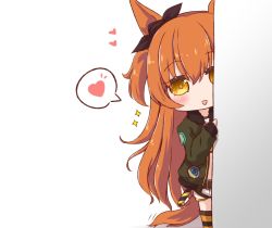 Rule 34 | 1girl, animal ears, bomber jacket, chibi, commentary request, heart, horse ears, horse girl, horse tail, jacket, mayano top gun (umamusume), open mouth, orange hair, peeking out, ridy (ri sui), simple background, solo, sparkle, spoken heart, tail, thighhighs, umamusume, white background