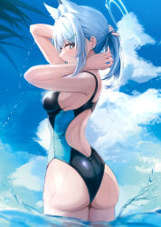 Rule 34 | 1girl, absurdres, animal ears, ass, back cutout, blue archive, blush, breasts, clothing cutout, commentary, competition swimsuit, earrings, extra ears, grey hair, halo, highres, jewelry, looking at viewer, looking back, median furrow, medium breasts, mouth hold, nao (okt8538), one-piece swimsuit, ponytail, rubber band, shiroko (blue archive), shiroko (swimsuit) (blue archive), sideways glance, solo, stud earrings, swimsuit, tying hair, wading, wolf ears