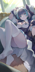 Rule 34 | 1girl, :3, absurdres, animal ears, aqua eyes, arm up, azur lane, black hair, blue hair, blunt bangs, blush, breasts, cheshire (azur lane), cleavage, couch, detached sleeves, dress, frilled dress, frills, hairband, highres, large breasts, legs up, looking at viewer, lying, maid, maid headdress, multicolored hair, nail polish, on back, on couch, panties, pantyshot, pillow, ribbon, shoes, unworn shoes, short hair, smile, solo, streaked hair, thighhighs, thighs, underwear, white panties, white thighhighs, window, wrist cuffs, yukiyaii