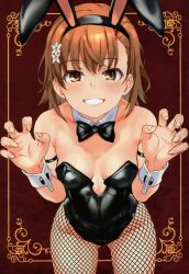 Rule 34 | 1girl, absurdres, animal ears, bare shoulders, blush, breasts, brown eyes, brown hair, detached collar, fake animal ears, fingernails, fishnet pantyhose, fishnets, hair ornament, hands up, highres, leaning forward, leotard, looking at viewer, misaka mikoto, pantyhose, parted lips, rabbit ears, raika9, red background, scan, shiny skin, short hair, simple background, small breasts, smile, solo, strapless, strapless leotard, toaru kagaku no railgun, toaru majutsu no index, wrist cuffs