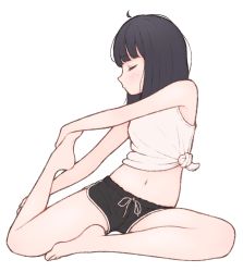 Rule 34 | 1girl, 1ssakawaguchi, ahoge, armpit peek, bare arms, bare legs, bare shoulders, barefoot, black hair, black shorts, blunt bangs, blush, closed eyes, closed mouth, dolphin shorts, drawstring, facing to the side, from side, full body, hand on own foot, hand on own leg, highres, leg up, legs, medium hair, midriff, navel, original, outstretched arms, profile, revision, short shorts, shorts, simple background, sitting, sleeveless, solo, straight hair, stretching, tank top, u u, white background, white tank top