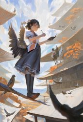 Rule 34 | 6+girls, architecture, bird, bird wings, black hair, black skirt, black socks, branch, cloud, cloudy sky, crow, day, east asian architecture, fjsmu, flying, from below, full body, hat, highres, holding, holding notebook, holding pen, inubashiri momiji, kneehighs, low wings, multiple girls, notebook, outdoors, pen, pom pom (clothes), red eyes, red headwear, rooftop, shameimaru aya, shirt, short hair, skirt, sky, socks, standing, sword, tokin hat, touhou, weapon, white shirt, wings