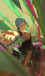Rule 34 | 1girl, absurdres, arm garter, arm up, bare legs, barefoot, black dress, blue hair, braid, breasts, closed mouth, dress, foreshortening, from above, full body, highres, hlyzz, holding case, jinx (league of legends), league of legends, long hair, looking at viewer, low twin braids, nail polish, red eyes, small breasts, solo, standing, strapless, strapless dress, twin braids, very long hair