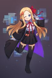 1girl abigail_williams_(fate) bb_(fate) bb_(fate/extra) bb_(fate/extra)_(cosplay) black_coat black_skirt black_thighhighs blonde_hair blue_eyes blush bow breasts coat collared_shirt cosplay fate/extra fate/extra_ccc fate/grand_order fate_(series) forehead full_body gloves hair_bow high-waist_skirt highres long_hair long_sleeves looking_at_viewer miya_(miyaruta) neck_ribbon one_eye_closed open_clothes open_coat orange_bow parted_bangs popped_collar ribbon shirt skirt small_breasts smile solo thighhighs tongue tongue_out v white_gloves white_shirt wide_sleeves