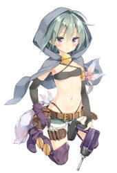Rule 34 | 1girl, ahoge, aqua hair, armlet, armpits, bandeau, belt, belt pouch, between thighs, black panties, blush, boots, breasts, bridal gauntlets, cloak, criss-cross halter, cutoffs, denim, denim shorts, earrings, feather boa, feathers, flathead screwdriver (ole tower), full body, gloves, gold trim, green hair, halterneck, high heel boots, high heels, highleg, highleg panties, holding, holster, hood, hooded cloak, impact driver minus (ole tower), jewelry, kani biimu, kneeling, looking at viewer, navel, ole tower, panties, parted lips, pouch, power drill, power tool, purple eyes, purple footwear, purple gloves, purple thighhighs, screw, short hair, short shorts, shorts, simple background, single glove, small breasts, solo, strapless, taut clothes, thigh boots, thigh holster, thigh strap, thighhighs, tube top, underboob, underwear, white background