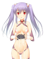 Rule 34 | 1girl, :o, android, artist request, bare shoulders, blush, breasts, character request, highres, light purple hair, long hair, looking at viewer, mechanical parts, navel, open mouth, red eyes, simple background, solo, standing, sweatdrop, twintails, wet, white background