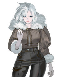 Rule 34 | 1girl, absurdres, arm at side, black pants, blue eyes, breasts, brown jacket, closed mouth, commentary, contrapposto, cowboy shot, english commentary, fur-trimmed hood, fur-trimmed jacket, fur-trimmed sleeves, fur trim, hair over one eye, hand up, highres, hood, hood down, hooded jacket, jacket, large breasts, long sleeves, looking at hand, ori dal, original, pants, pink lips, puffy long sleeves, puffy sleeves, short hair, simple background, snowflakes, solo, tight clothes, tight pants, white background, white hair