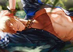 Rule 34 | 1boy, au (d elete), blonde hair, blue shirt, blurry, depth of field, eyes visible through hair, fate/grand order, fate (series), gilgamesh (establishment) (fate), gilgamesh (fate), looking at viewer, lying, male focus, nipples, official alternate costume, on side, parted lips, pectorals, red eyes, shallow water, shirt, solo, upper body, water, wet