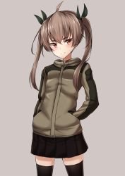 Rule 34 | 1girl, ahoge, black skirt, black thighhighs, blush, brown eyes, grey background, hair ribbon, hands in pockets, highres, jacket, light brown hair, long twintails, looking at viewer, original, pleated skirt, ribbon, simple background, skirt, smile, solo, thighhighs, twintails, yakob labo, zettai ryouiki