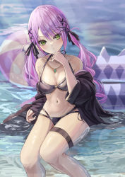 Rule 34 | 1girl, alternate costume, ball, beach, beachball, bikini, black bikini, black jacket, black ribbon, blush, breasts, cleavage, commentary, day, drill hair, feet out of frame, green eyes, hair ornament, hair ribbon, highres, hololive, innertube, jacket, jewelry, long hair, looking at viewer, medium breasts, multi-strapped bikini, multicolored hair, navel, necklace, ocean, off shoulder, open clothes, open jacket, outdoors, parted lips, pink hair, purple hair, ribbon, shigiroid, sitting, solo, stomach, swim ring, swimsuit, thigh strap, tokoyami towa, twin drills, twintails, two-tone hair, virtual youtuber, x hair ornament
