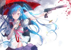 Rule 34 | 1girl, bag, beretta 92, blood, blood splatter, blouse, blue hair, blue skirt, blush, bow, carrying, closed mouth, clover hair ornament, commentary, commentary request, crying, crying with eyes open, daisy, day, emblem, english commentary, finger on trigger, firing, flower, four-leaf clover hair ornament, grey sky, gun, hair bow, hair ornament, hairclip, handgun, holding, holding flower, holding gun, holding umbrella, holding weapon, long hair, looking at viewer, miniskirt, motion blur, neckerchief, original, outdoors, pleated skirt, pulp piroshi, purple eyes, purple neckerchief, rain, school bag, shirt, skirt, sky, smile, solo, standing, suppressor, tears, two side up, umbrella, upper body, weapon, weapon request, white shirt, wind, wind lift