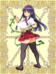 Rule 34 | 1girl, black thighhighs, blue eyes, blue hair, blunt bangs, breasts, character request, covered erect nipples, full body, hairband, kerberos blade, large breasts, loafers, long hair, looking at viewer, matching hair/eyes, miniskirt, official art, plaid, plaid skirt, plant, pleated skirt, ryoji (nomura ryouji), school uniform, shoes, short hair, sidelocks, skirt, smile, solo, thighhighs, twisted torso, vines, yellow background, zettai ryouiki