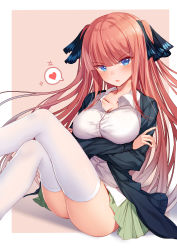 Rule 34 | 1girl, :o, absurdres, anger vein, ass, bison cangshu, black jacket, blue eyes, blush, breasts, buttons, cleavage, collarbone, collared shirt, commentary request, crossed arms, crossed legs, dress shirt, go-toubun no hanayome, green skirt, hair ornament, heart, highres, jacket, knees up, large breasts, long hair, long sleeves, looking at viewer, miniskirt, nakano nino, open clothes, open jacket, parted lips, pleated skirt, red hair, school uniform, shirt, sitting, skirt, solo, spoken heart, thighhighs, two side up, v-shaped eyebrows, very long hair, white shirt, white thighhighs