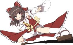 Rule 34 | 1girl, akabeco, blush, bow, brown hair, commentary request, cookie (touhou), derivative work, detached sleeves, hair bow, hair tubes, hakurei reimu, kanna (cookie), looking at viewer, parted lips, red bow, red eyes, sandals, short hair, simple background, socks, solo, touhou, white background, white socks