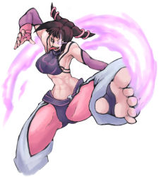 Rule 34 | 1girl, abs, armpits, baggy pants, barefoot, belt, black hair, breasts, brown hair, capcom, chaps, chinese clothes, crop top, drill hair, dudou, feet, fighting stance, fingerless gloves, foot focus, foreshortening, gloves, glowing, glowing eye, glowing eyes, halterneck, halterneck, han juri, kicking, large breasts, leg lift, midriff, muscular, nail polish, navel, pants, pink nails, short twintails, sideboob, solo, stirrup legwear, street fighter, street fighter iv (series), teruki, toeless legwear, toes, tongue, twin drills, twintails