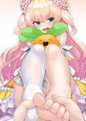 Rule 34 | 1girl, absurdres, barefoot, blonde hair, commentary request, crossed bangs, double bun, dress, embarrassed, eyelashes, fang, feet, flower, foreshortening, frilled dress, frilled thighhighs, frills, gradient hair, green eyes, hair bun, hair flower, hair ornament, highres, holding another&#039;s foot, hololive, knees up, momosuzu nene, multicolored hair, nekko (momosuzu nene), no shoes, hugging object, open mouth, orange dress, pink hair, pov, senbon tsuki, sidelocks, single bare leg, single thighhigh, sitting, sleeveless, sleeveless dress, solo focus, sweatdrop, thighhighs, toenails, toes, two side up, virtual youtuber, white thighhighs
