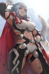 Rule 34 | 1girl, abs, arm up, armor, armpits, axe, bare shoulders, battle axe, blue hair, breastplate, cape, cloud, cloudy sky, dagr (fire emblem), earrings, fire emblem, fire emblem heroes, gloves, gonzarez, grey eyes, grin, hand on own hip, headpiece, highres, holding, holding weapon, jewelry, light blue hair, lips, looking at viewer, midriff, mole, mole under eye, muscular, muscular female, nintendo, red cape, short hair, shorts, sky, sleeveless, smile, solo, standing, weapon