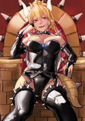 Rule 34 | 1girl, armlet, black gloves, black legwear, black leotard, blonde hair, bowsette, breasts, cleavage, collar, covered navel, earrings, elbow gloves, fingerless gloves, garter straps, gloves, hair between eyes, highres, horns, jewelry, kilye kairi, large breasts, leotard, mario (series), new super mario bros. u deluxe, nintendo, red eyes, sharp teeth, shiny clothes, sitting, solo, spiked armlet, spiked collar, spiked thighlet, spikes, tail, teeth, thick eyebrows, throne