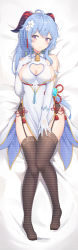 Rule 34 | 1girl, absurdres, ahoge, bare shoulders, blue hair, breasts, brown thighhighs, china dress, chinese clothes, cleavage, cleavage cutout, clothing cutout, dakimakura (medium), dress, elbow gloves, ganyu (genshin impact), garter belt, genshin impact, gloves, goat horns, hand up, heart cutout, highres, horns, large breasts, long hair, looking at viewer, lying, no shoes, on back, pelvic curtain, purple eyes, sideboob, sleeveless, sleeveless dress, smile, solo, thighhighs, thighs, white dress, white gloves, yansuiyuluo