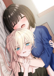 Rule 34 | 2girls, bed sheet, black dress, black hair, blonde hair, blue eyes, blush, breasts, cleavage, closed eyes, commentary request, dress, drooling, hand on another&#039;s head, highres, indoors, long hair, lying, medium breasts, mouth drool, multiple girls, on side, open mouth, original, piripun, shirt, short sleeves, sleeping, sleeveless, sleeveless dress, sweat, upper body, white shirt, window, yuri