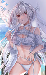 Rule 34 | 1girl, absurdres, ahoge, bare shoulders, beach, bikini, breasts, collarbone, dora (jcyw8334), fate/grand order, fate (series), grey hair, highres, lady avalon (fate), lady avalon (second ascension) (fate), long hair, looking to the side, medium breasts, merlin (fate/prototype), navel, ocean, parasol, smile, swimsuit, thighs, umbrella, very long hair, water, white bikini