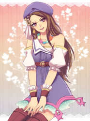 Rule 34 | 1girl, boots, brown eyes, brown hair, earrings, forehead, hat, idolmaster, idolmaster (classic), jewelry, long hair, minase iori, necklace, noro (king), palace of dragon (idolmaster), smile, thigh boots, thighhighs