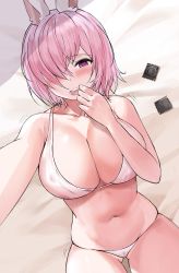 Rule 34 | 1girl, alternate costume, animal ears, bad id, bad pixiv id, bare arms, bare shoulders, blush, bra, breasts, cleavage, condom, condom wrapper, fate/grand order, fate (series), hair over one eye, heart, heart in eye, highres, large breasts, light purple hair, looking at viewer, lying, mash kyrielight, navel, on back, panties, purple eyes, rabbit ears, short hair, solo, suou-sensei, symbol in eye, underwear, underwear only, white bra, white panties