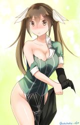 Rule 34 | 10s, 1girl, bad id, bad pixiv id, blush, breasts, brown eyes, brown hair, cleavage, eko, elbow gloves, female focus, gloves, hair between eyes, hair ribbon, kantai collection, large breasts, long hair, no bra, no panties, pelvic curtain, ribbon, single elbow glove, solo, tone (kancolle), tone kai ni (kancolle), torn clothes, twintails, twitter username