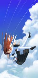 Rule 34 | 1girl, bare shoulders, black footwear, black skirt, blue sky, brown hair, closed mouth, cloud, cloudy sky, commentary request, day, eris greyrat, falling, frilled skirt, frills, from side, highres, jacket, legs up, long hair, long sleeves, looking away, mobu (wddtfy61), mushoku tensei, outdoors, pantyhose, pleated skirt, profile, red eyes, shoes, skirt, sky, solo, white jacket, white pantyhose, wide sleeves