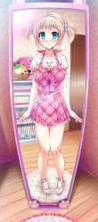 Rule 34 | akaza, blonde hair, blue eyes, blush, book, bookshelf, breasts, change! ano musume ni natte kunkun peropero, dress, eyepatch, feet, female pov, hairband, highres, kinumura ui, knees together feet apart, large breasts, may-be soft, mirror, no shoes, open mouth, pink hair, pov, reflection, socks, stuffed animal, stuffed toy, toes, twintails