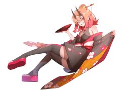 Rule 34 | 1girl, absurdres, black kimono, black thighhighs, breasts, cup, floating, gradient hair, hair behind ear, highres, holding, japanese clothes, kimono, korean commentary, large breasts, multicolored hair, naru ( nanyao3o), off shoulder, okobo, oni, orange hair, pointy ears, red footwear, red hair, sakazuki, sandals, second-party source, smile, sn company, solo, thighhighs, toeless legwear, ume (sn company), virtual youtuber, white background