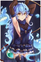Rule 34 | 1girl, animal ears, arm behind head, armpits, arms up, blue cape, blue dress, blue hair, boots, breasts, cape, curly hair, dootmoon, dress, elbow gloves, erune, ferry (granblue fantasy), frown, fugee (granblue fantasy), ghost, gloves, granblue fantasy, hair between eyes, hair ornament, hairclip, highres, holding, holding whip, layered dress, long hair, looking at viewer, medium breasts, nicola (granblue fantasy), sleeveless, sleeveless dress, thigh boots, thighhighs, very long hair, whip, x hair ornament, yellow eyes