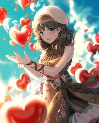 Rule 34 | 1girl, balloon, blue eyes, blue sky, blush, bow, breasts, brown dress, brown hair, cloud, day, dress, earrings, hairband, hands up, heart, heart balloon, heart earrings, heart necklace, idolmaster, idolmaster cinderella girls, idolmaster cinderella girls starlight stage, jewelry, looking at viewer, medium breasts, necklace, open mouth, outdoors, ribbon, sakuma mayu, short hair, silence girl, sky, smile, solo, turtleneck, wrist ribbon
