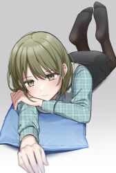 Rule 34 | 1girl, aqua shirt, black pantyhose, black skirt, blurry, blurry foreground, closed mouth, dddd akagi, expressionless, feet, feet up, gradient background, green eyes, green hair, grey background, hand on own arm, highres, idolmaster, idolmaster shiny colors, long sleeves, looking at viewer, lying, nanakusa nichika, on stomach, pantyhose, pillow, plaid, plaid shirt, shirt, short hair, skirt, solo, the pose, toes