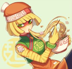 Rule 34 | 1girl, arms (game), beanie, blonde hair, chinese clothes, chopsticks, domino mask, eating, eyes visible through hair, food, gloves, green eyes, hat, mask, min min (arms), noodles, ramen, short hair, slurping, solo, wusagi2, yellow gloves