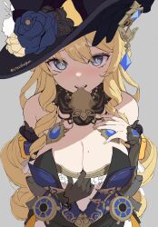Rule 34 | 1girl, artist name, bare shoulders, black gloves, blonde hair, blue dress, blue eyes, blush, breasts, cleavage, clothes pull, commentary, detached sleeves, dress, drill hair, english commentary, flower, genshin impact, gloves, grey background, hat, hat flower, highres, large breasts, long hair, looking at viewer, mole, mole on breast, mouth hold, nail polish, navia (genshin impact), open mouth, rose, simple background, solo, twitter username, upper body, vitashogun
