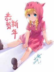Rule 34 | 1girl, animal hood, blonde hair, braid, brown footwear, closed mouth, commentary request, dated, dress, green eyes, highres, hood, hood up, hooded dress, long hair, looking at viewer, low twintails, original, pig hood, pink dress, shadow, shoes, short sleeves, signature, sitting, socks, solo, twin braids, twintails, white background, white socks, xiaoyu