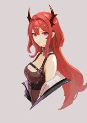 Rule 34 | 1girl, arknights, bodysuit, bodysuit under clothes, breast strap, breasts, cleavage, cropped torso, detached collar, floating hair, from side, grey bodysuit, hair between eyes, horns, long hair, looking at viewer, off-shoulder jacket, off shoulder, ombre t, purple eyes, red hair, small breasts, solo, surtr (arknights), very long hair