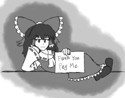 Rule 34 | &gt;:/, 1girl, :/, annoyed, censored, censored text, dabogon, detached sleeves, english text, greyscale, hakurei reimu, holding, holding sign, jitome, long hair, long skirt, looking at viewer, lying, monochrome, on side, parody, profanity, ribbon-trimmed sleeves, ribbon trim, shoes, sign, skirt, skirt set, solo, touhou, v-shaped eyebrows, vest, wavy hair