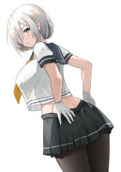 Rule 34 | 1girl, absurdres, black pantyhose, black skirt, blue eyes, blush, breasts, from behind, gloves, hai binggan, hair ornament, hairclip, hamakaze (kancolle), highres, kantai collection, large breasts, looking at viewer, looking back, pantyhose, parted lips, pleated skirt, shirt, shirt overhang, short hair, short sleeves, simple background, skirt, solo, thighs, white background, white gloves, white hair, white shirt