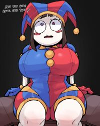 Rule 34 | 1girl, absurdres, breasts, brown hair, colored skin, hat, highres, horu (horu 111), jester cap, large breasts, pale skin, pomni (the amazing digital circus), short hair, sitting, tagme, the amazing digital circus, thick thighs, thighs, white skin, wide hips