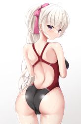 Rule 34 | 1girl, absurdres, akizuki kanna, ass, back, black one-piece swimsuit, cafe stella to shinigami no chou, cameltoe, closed mouth, commentary request, competition swimsuit, crossed bangs, from behind, frown, gradient background, hair ribbon, highres, long hair, looking at viewer, looking back, ncontrail (mgax7527), one-piece swimsuit, platinum blonde hair, ponytail, purple eyes, ribbon, shoulder blades, simple background, solo, standing, swimsuit, taut clothes, taut swimsuit, wet, white background, yuzu-soft
