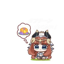 Rule 34 | 1girl, arikuigames1105, artist name, blush, cake, chibi, chibi only, circlet, closed mouth, detached sleeves, fake horns, food, full body, genshin impact, green eyes, harem outfit, horns, long hair, nilou (genshin impact), red hair, simple background, smile, solo, standing, thought bubble, veil, white background, white veil